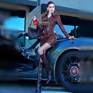 秋冬豹纹印花外套包臀裙两件套2025新款 欧美帅气减龄辣妹风套装