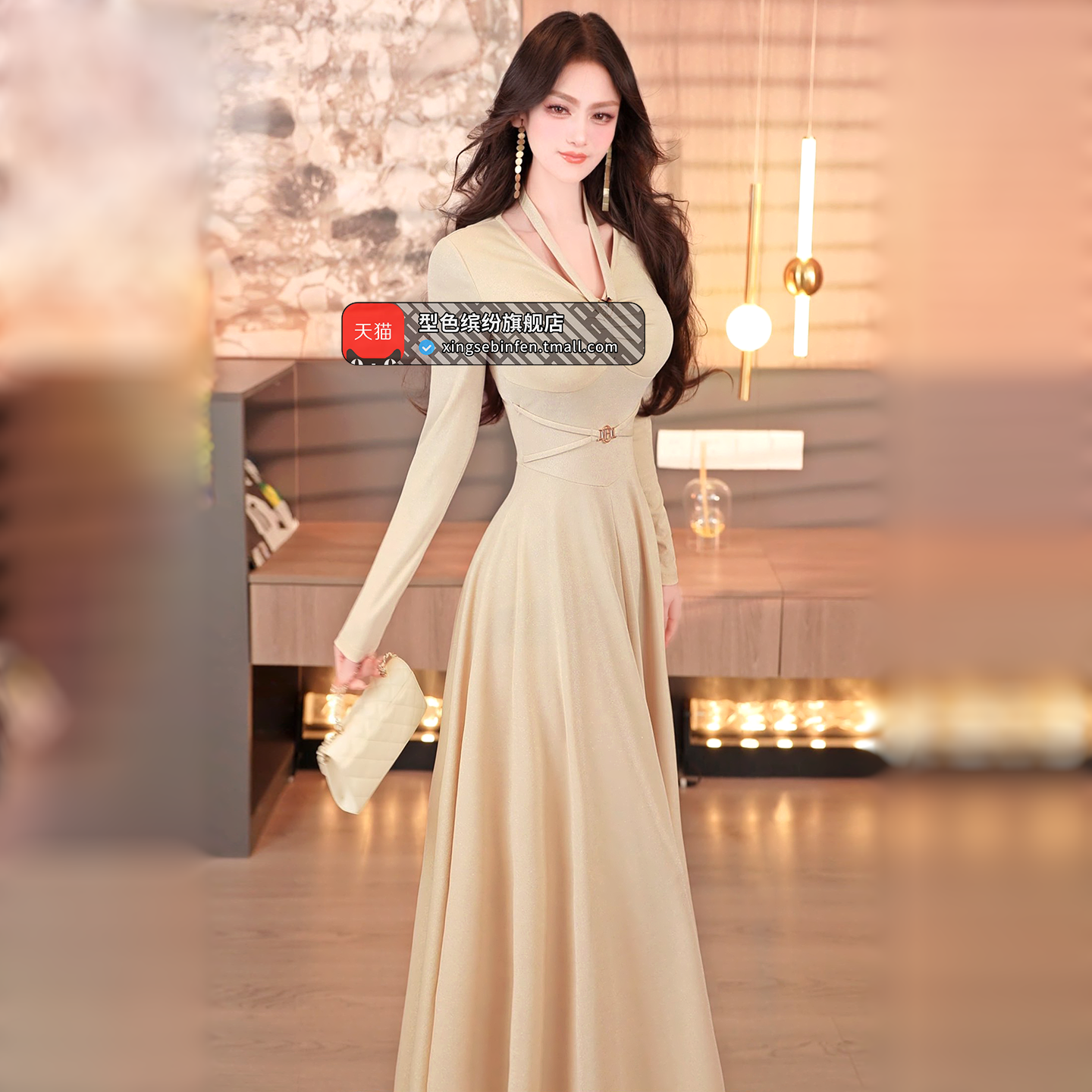 型色缤纷欧美小众挂脖V领褶皱连衣裙新款气质大摆过膝长裙