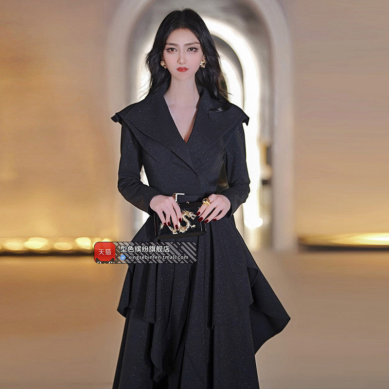 春季原创高定长裙新品气质收腰显瘦荷叶边长款过膝连衣裙