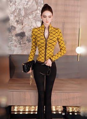 初秋复古洋气修身性感格纹拉链针织衫2026新款时尚立领休闲外套