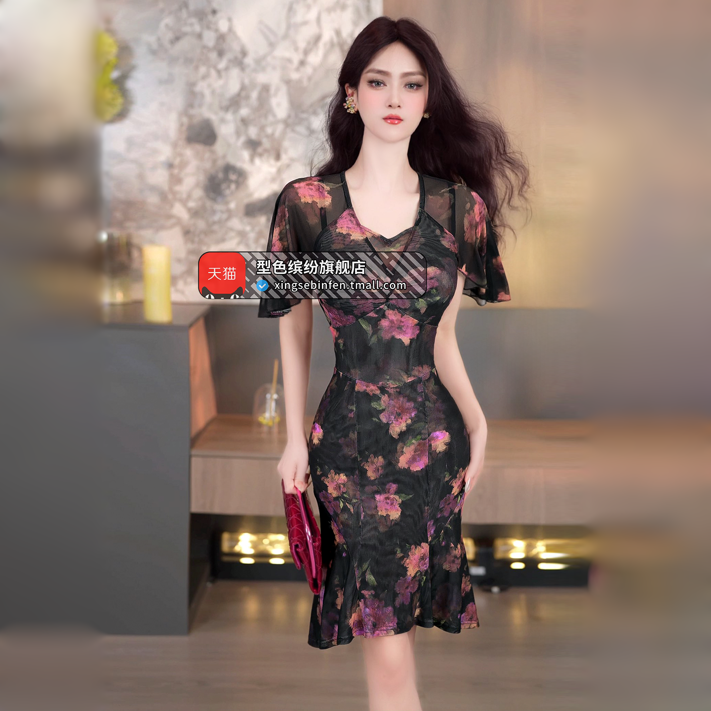夏季网纱印花连衣裙2026新款时尚性感轻熟风女神范荷叶边鱼尾裙