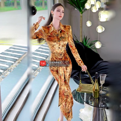 初秋提花丝绒欧美中长款衬衫裙2025新款时尚收腰绑带开衩连衣裙