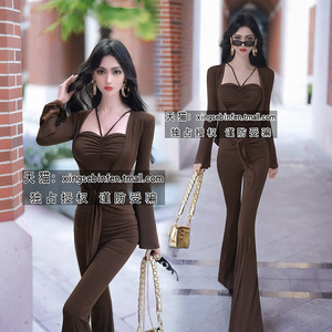 初秋时尚减龄外套微喇叭裤两件套2023新款欧美干练气质套装女