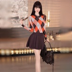 早春格纹毛衣套装裙2026新款圆领洋气针织衫高腰蓬蓬裙两件套