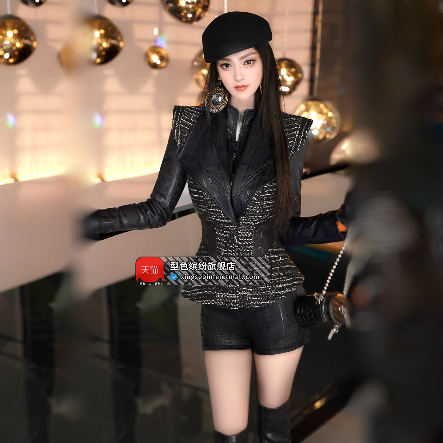 欧美洋气设计感粗花呢拼皮上衣2025冬新款女神范修身加厚夹棉外套