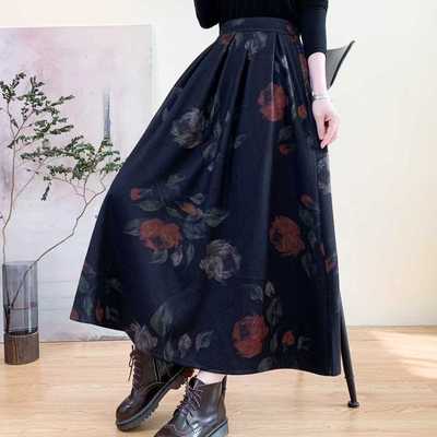 秋冬新款半身裙女复古松紧腰长裙