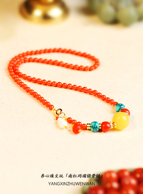 天然南红玛瑙项链新中式秋冬毛衣链新中式蜜蜡吊坠锁骨链配饰女款