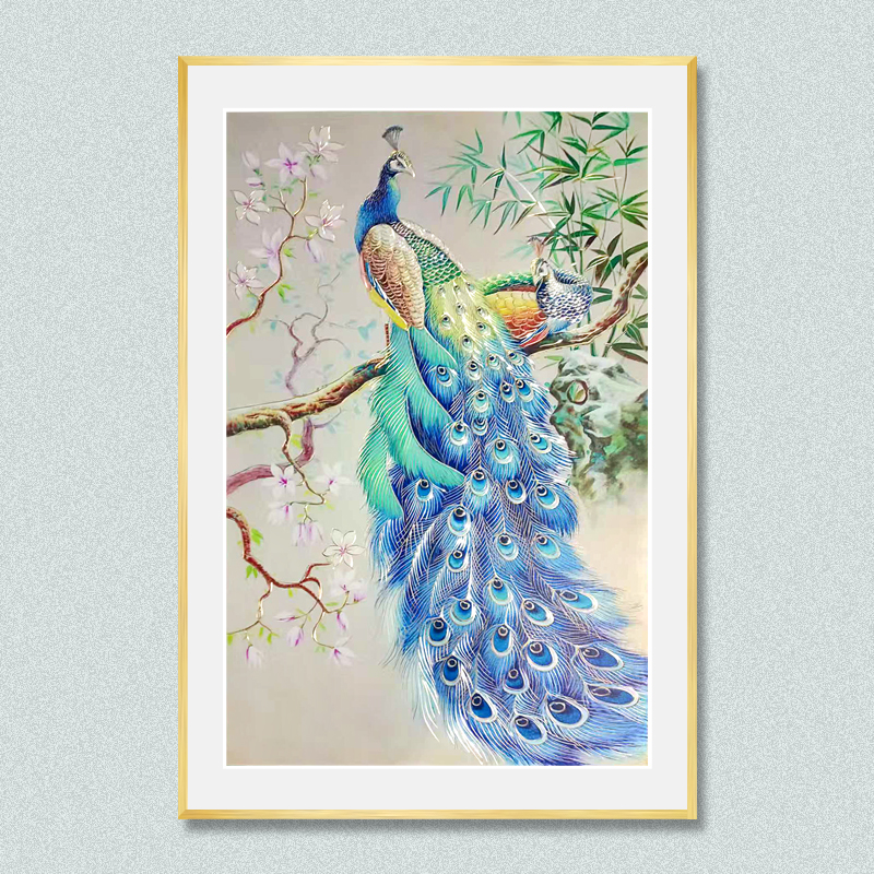 铜雕画《富贵孔雀》装饰画玄关客厅沙发背景墙挂画手工錾刻铜版画图片
