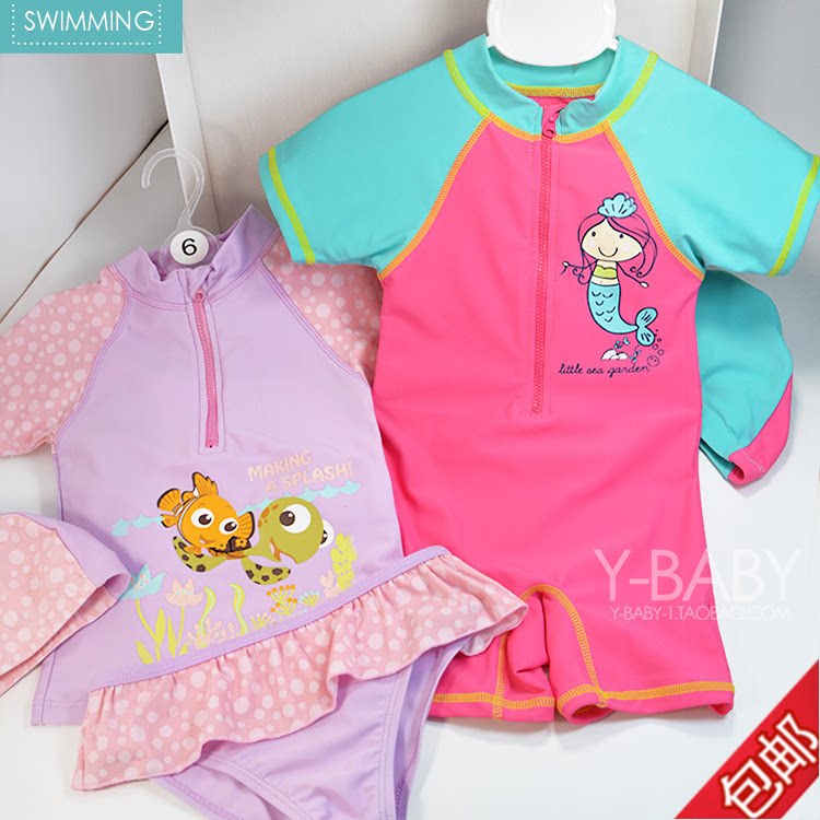 人气儿童连体女童婴儿宝宝泳衣冲浪服分体泳装带帽印花短袖幼儿夏