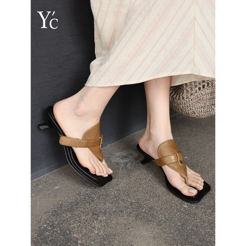 YC小众方头高跟厚底人字拖女夏