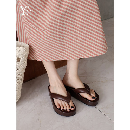 YC羊皮厚底增高人字拖女夏
