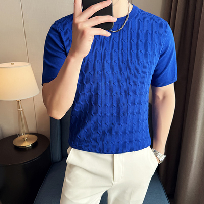 宽松圆领大码提花针织短袖男