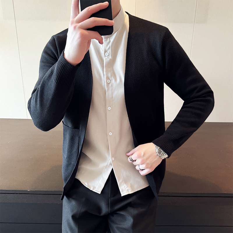 秋冬英伦风假两件拼接毛衣男新中式立领修身开衫保暖外套休闲商务