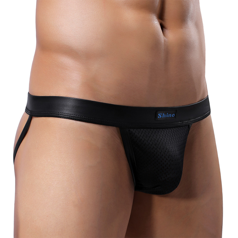 性感仿皮男士双丁字内裤激凸囊袋