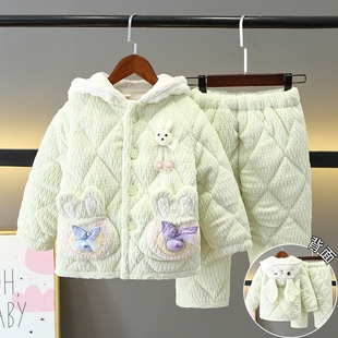 儿童睡衣三层夹棉冬季加厚保暖珊瑚绒中大童女孩法兰绒女童家居服