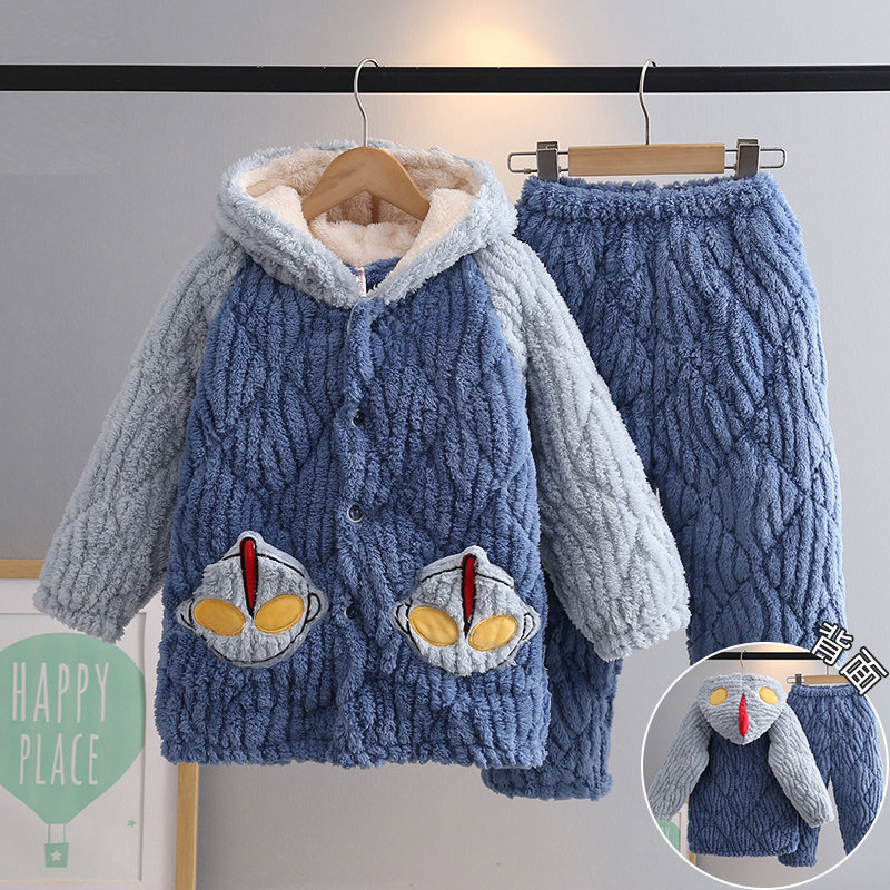 2024新款男童睡衣冬季加厚珊瑚绒儿童男孩法兰绒大童中长款套装