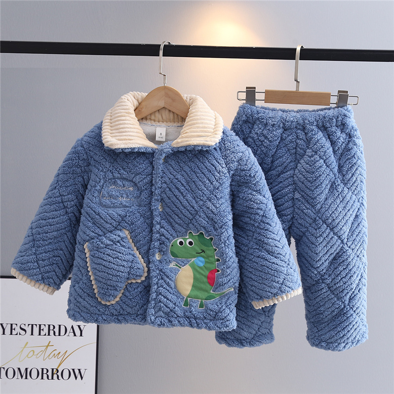 冬季三层夹棉保暖加绒男孩家居服