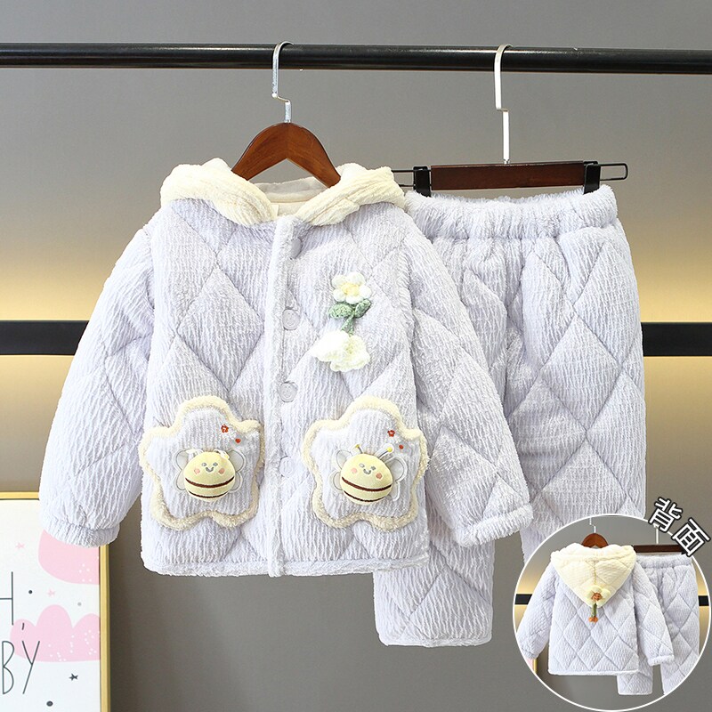 儿童睡衣冬季女童法兰绒三层夹棉加厚女童小孩女孩珊瑚绒家居服