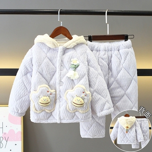 儿童睡衣冬季女童法兰绒三层夹棉加厚女童小孩女孩珊瑚绒家居服