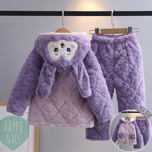 儿童珊瑚绒睡衣法兰绒套装秋冬款中长男童女童加厚家居服宝宝冬装