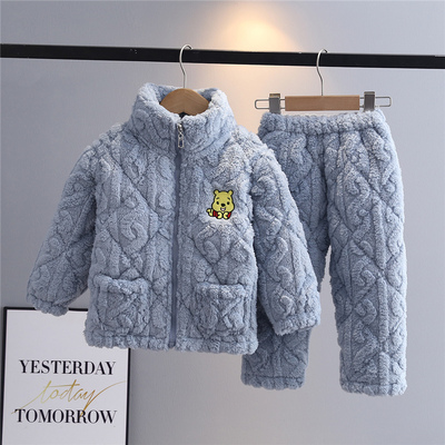 冬季三层加厚纯色睡衣拉链