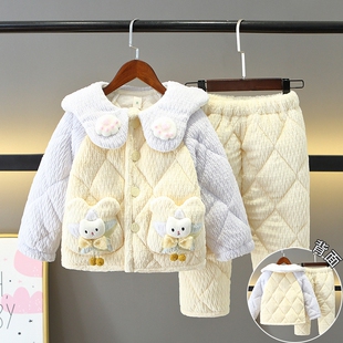 儿童棉睡衣冬加厚三层夹棉法兰绒套装可爱卡通珊瑚女童家居服冬季