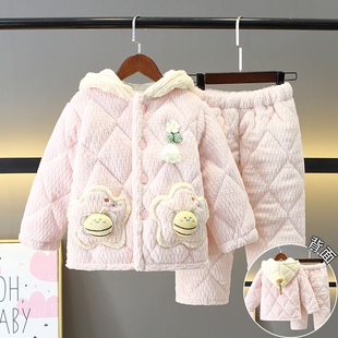 女童冬季睡衣珊瑚绒三层加厚小女孩可爱卡通儿童法兰绒家居服套装