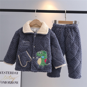 男童睡衣法兰绒厚儿童珊瑚绒加厚款加绒大童女童家居服冬季套装