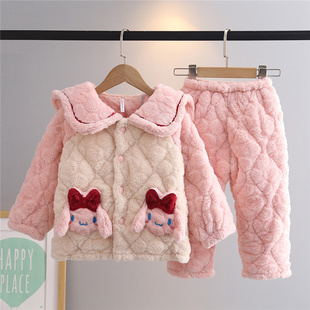 女童睡衣冬季珊瑚绒加厚三层夹棉儿童小女孩法兰绒公主中大童套装