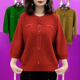 中老年女装七分袖针织衫上衣女秋季套头中老年人宽松大码时尚打底