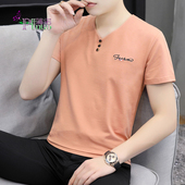 ins潮流简约冰丝打底衫 2026新款 门筒领半袖 t恤男夏季 刺绣纯棉短袖