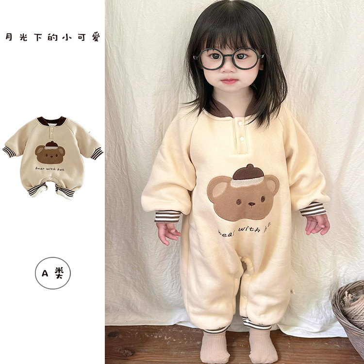 婴儿女宝宝卡通小熊加绒保暖爬服