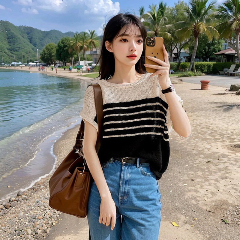 夏季新款条纹圆领无袖针织衫女百搭宽松拼色薄款坎肩短袖上衣背心
