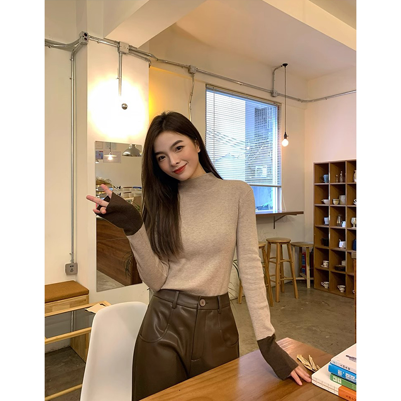 高级感半高领撞色长袖针织衫女秋冬季新款修身显瘦内搭打底衫上衣