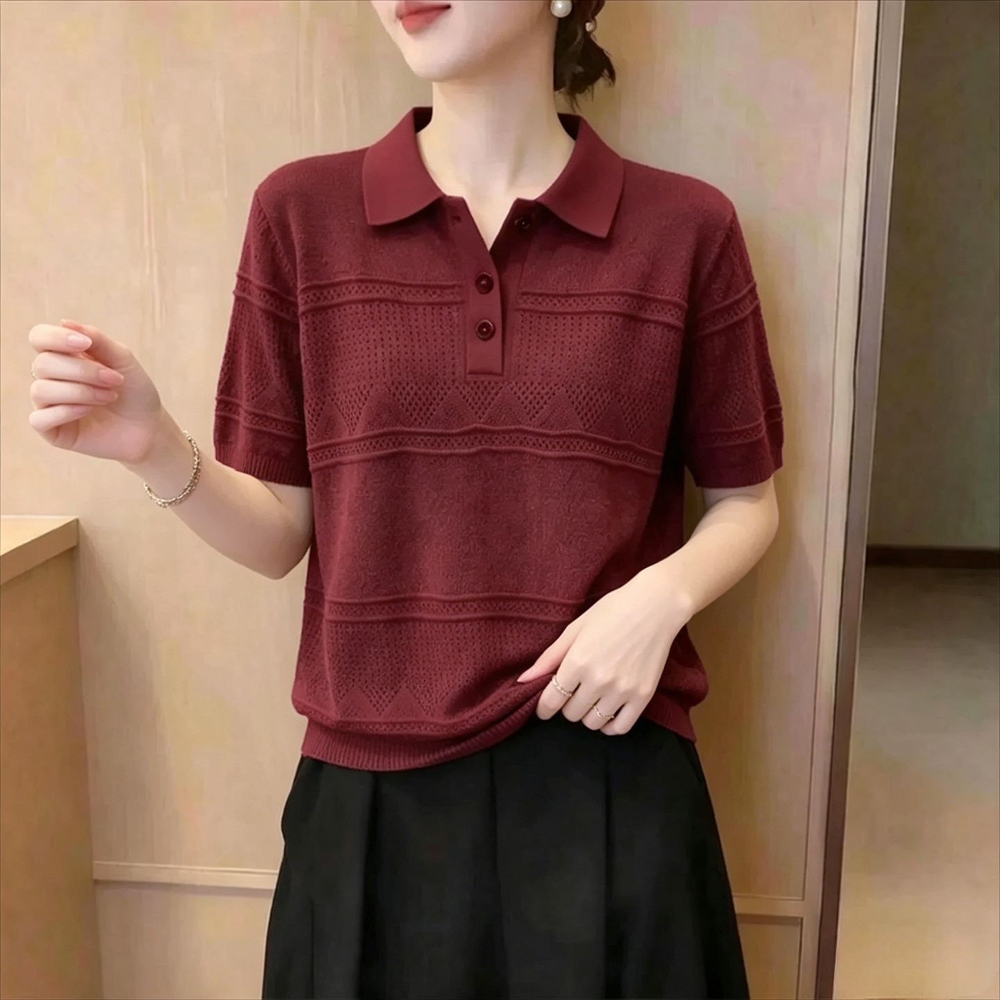 大码中年妈妈POLO领短袖针织衫女