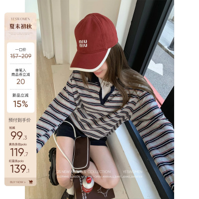 小宜定制 复古m*iu条纹·秋季新款长袖减龄纯棉红蓝条纹polo衫女
