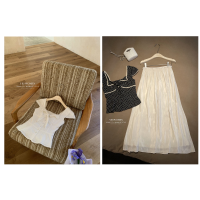 现货秒杀 海风结套组·复古方领收腰波点&白色夏季外穿吊带背心女