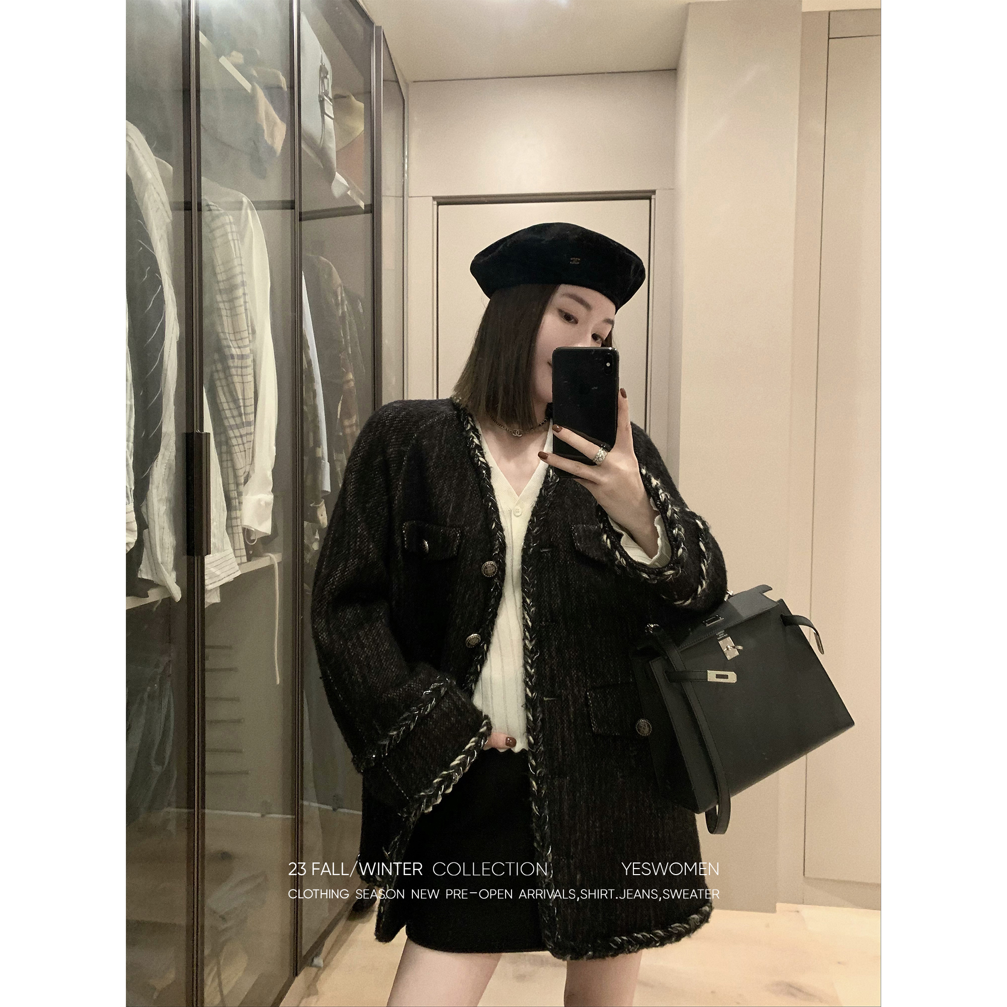 小宜定制 羊毛混纺短外套&毛织·双面呢小香风女秋装搭配一整套