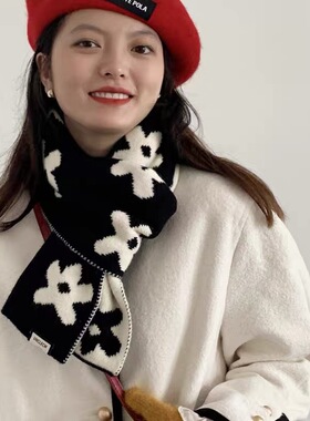 日系针织秋冬新款图案小花保暖围脖仿羊绒围巾围巾女冬季韩版加厚