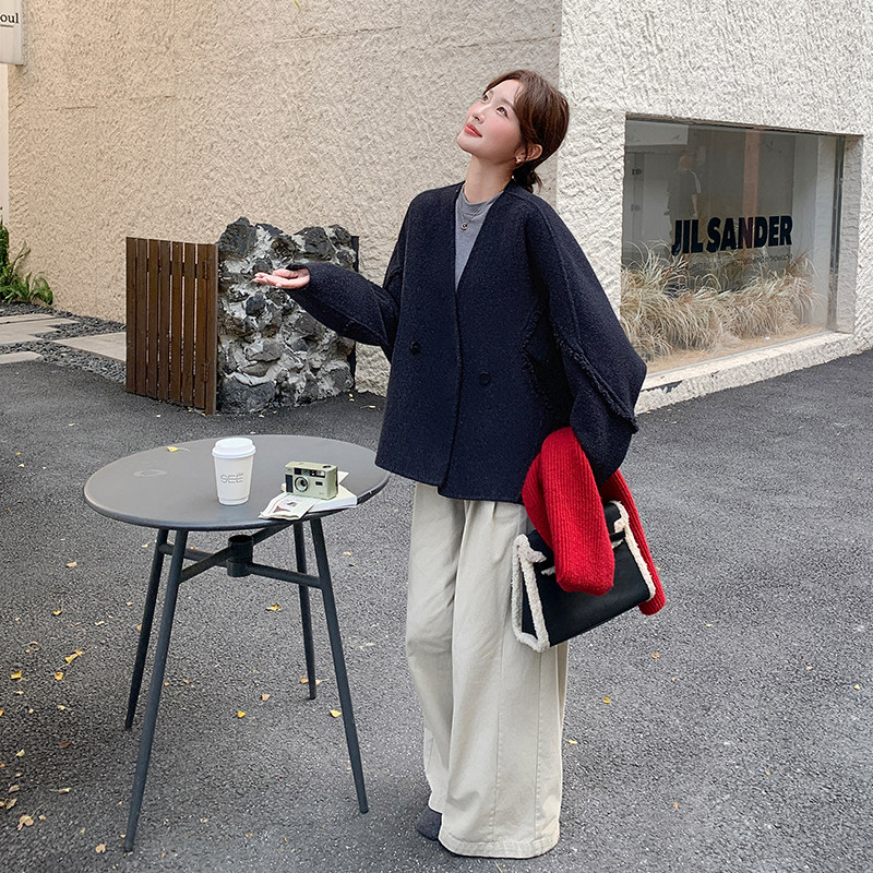 黑色高级感羊毛开衫女冬天2025新款韩版宽松休闲小个子双面呢大衣,女装毛呢外套,2C006