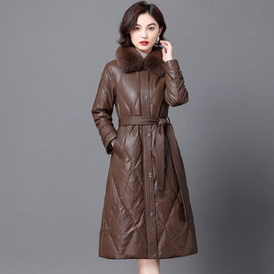 绵羊皮羽绒服女中长款修身2025新款海宁真皮皮衣狐狸毛领皮草外套