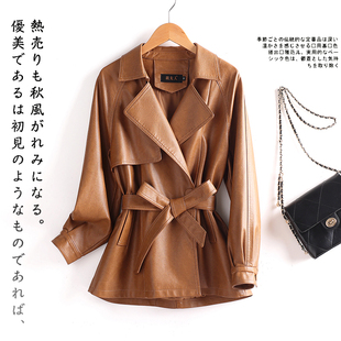 2025春新款海宁绵羊皮衣外套女短款系带收腰显瘦韩版英伦真皮风衣