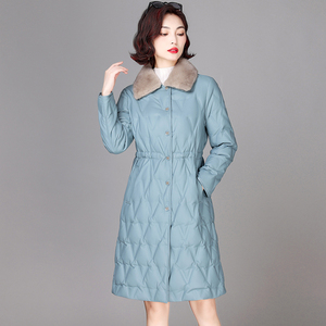 真皮羽绒服女中长款修身气质水貂毛领绵羊皮皮衣女冬季白鸭绒外套