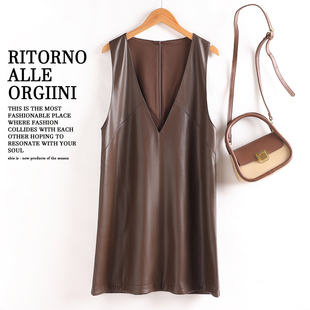 海宁新款真皮马甲女中长款坎肩V领连衣裙宽松显瘦绵羊皮a字背心裙