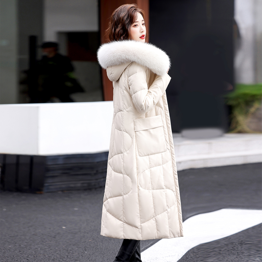 海宁真皮羽绒服过膝连帽狐狸毛领