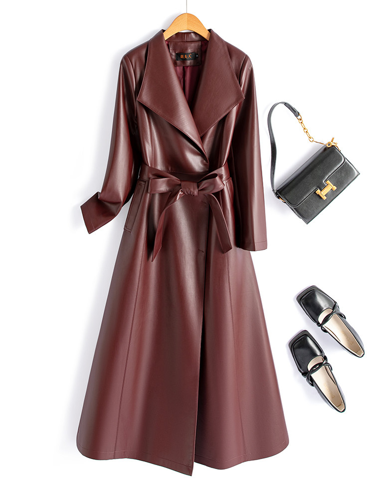 Кожаная куртка Haining leather, женская ветровка из овчины средней длины выше колена на шнуровке, утягивающая талию, корейская версия меховой куртки-пальто Изображение 1