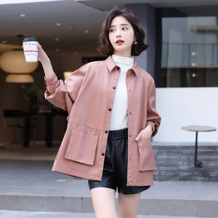 老钱风绵羊皮真皮皮衣女中长款廓形女衬衫宽松休闲外套气质大口袋