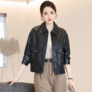 时尚 海宁新款 爆款 2025秋季 气质宽松皮夹克外套 真皮绵羊皮衣女短款