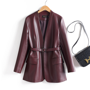 2025春秋新款 小西服系带收腰风衣绵羊皮夹克外套 真皮皮衣女中长款