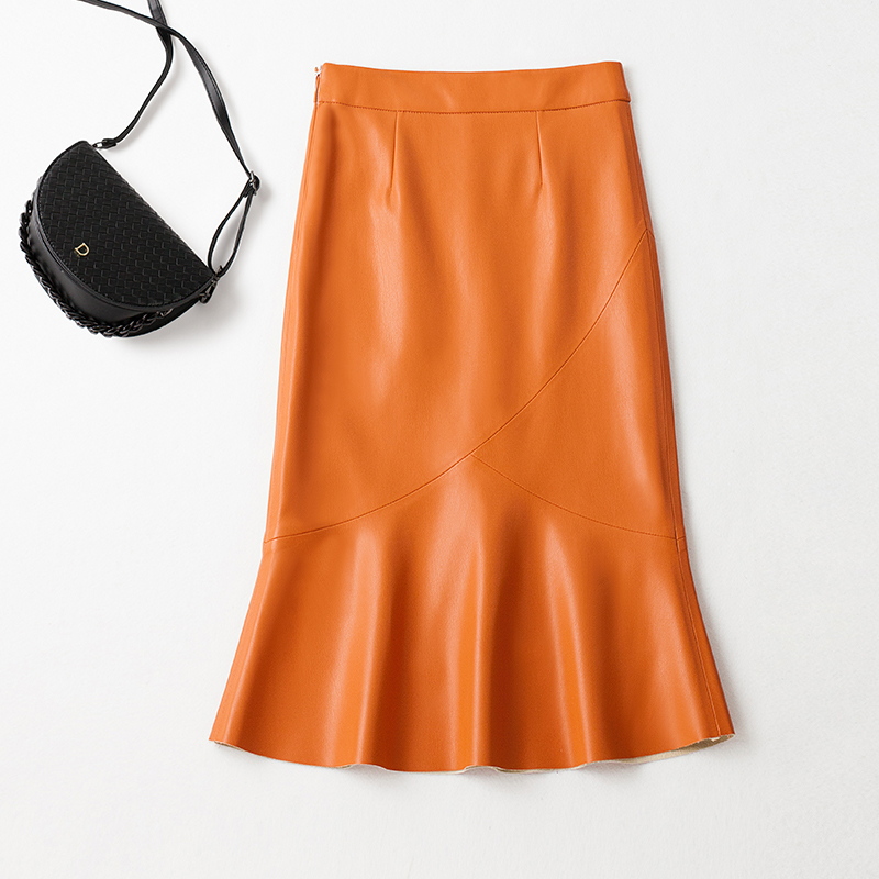 真皮皮裙女半身裙高腰中长鱼尾裙